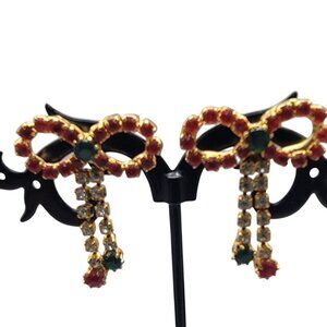 Vintage Rhinestone Christmas Bow Post Earrings for Pierced Ears Dangling